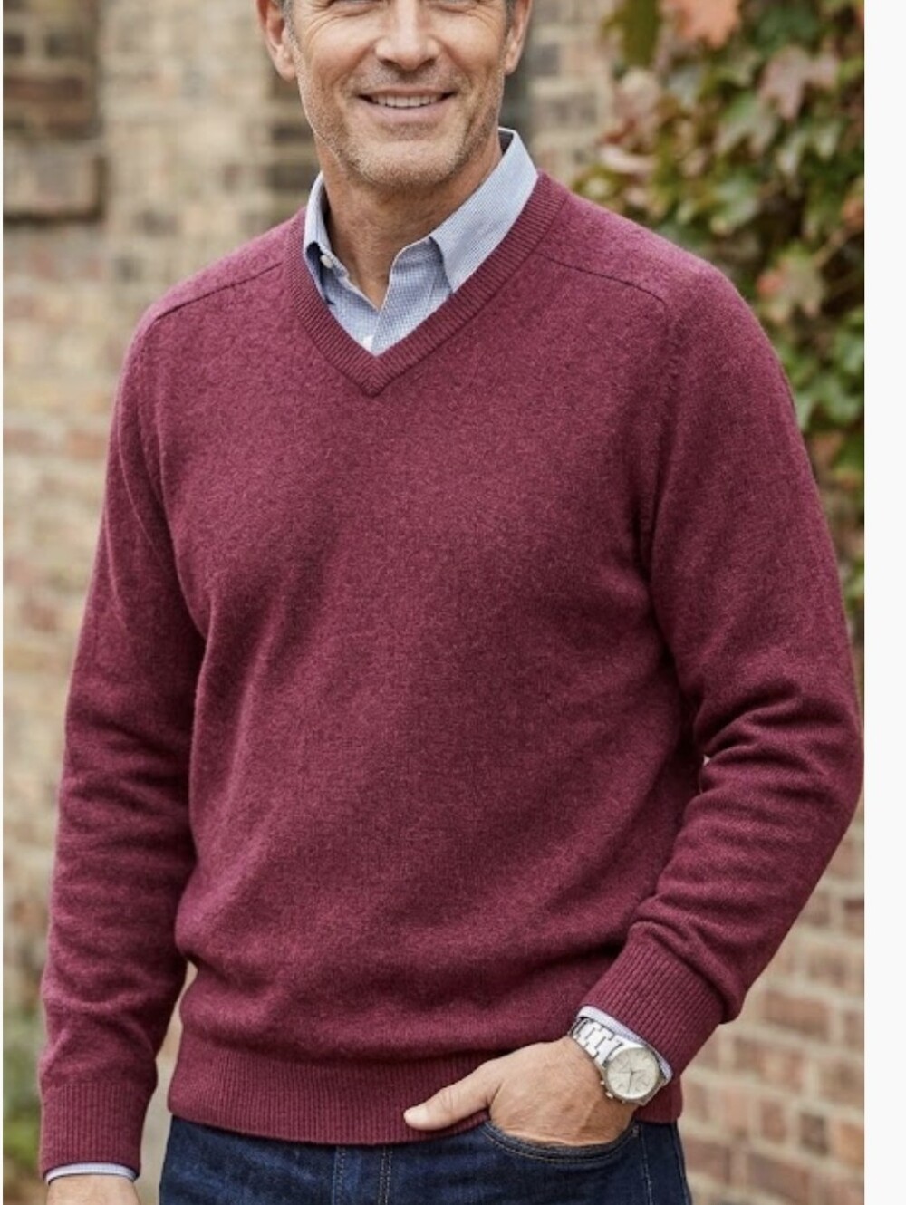 LL Bean Mens XL Lambswool V-Neck Sweater Burgundy